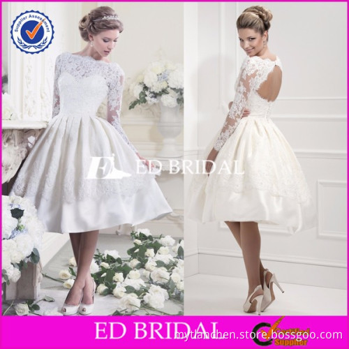 Sexy MH201 Boat Neckline Knee Length Long Sleeve Lace Open Back Wedding Dress